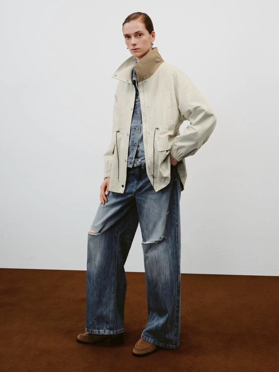 Checked Long Sleeve Cotton Blend Trench Coat