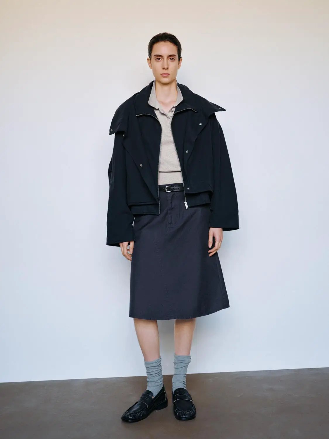 Zip Front Draped Collar Long Sleeve Cotton Jacket