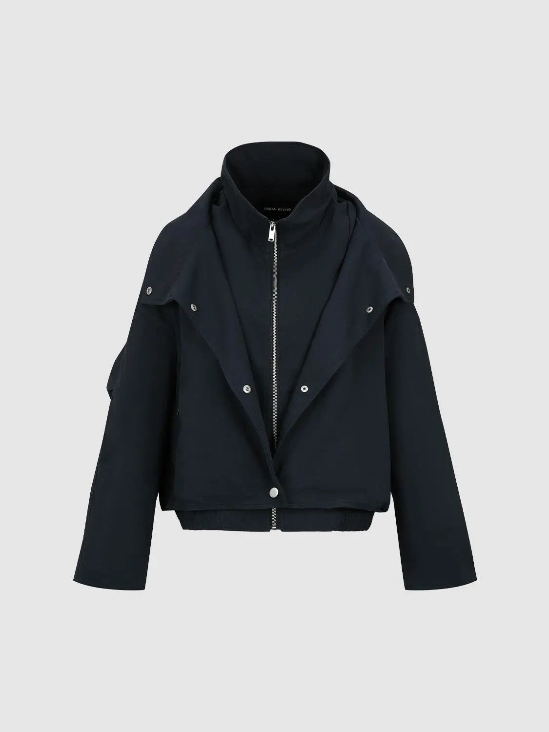 Zip Front Draped Collar Long Sleeve Cotton Jacket