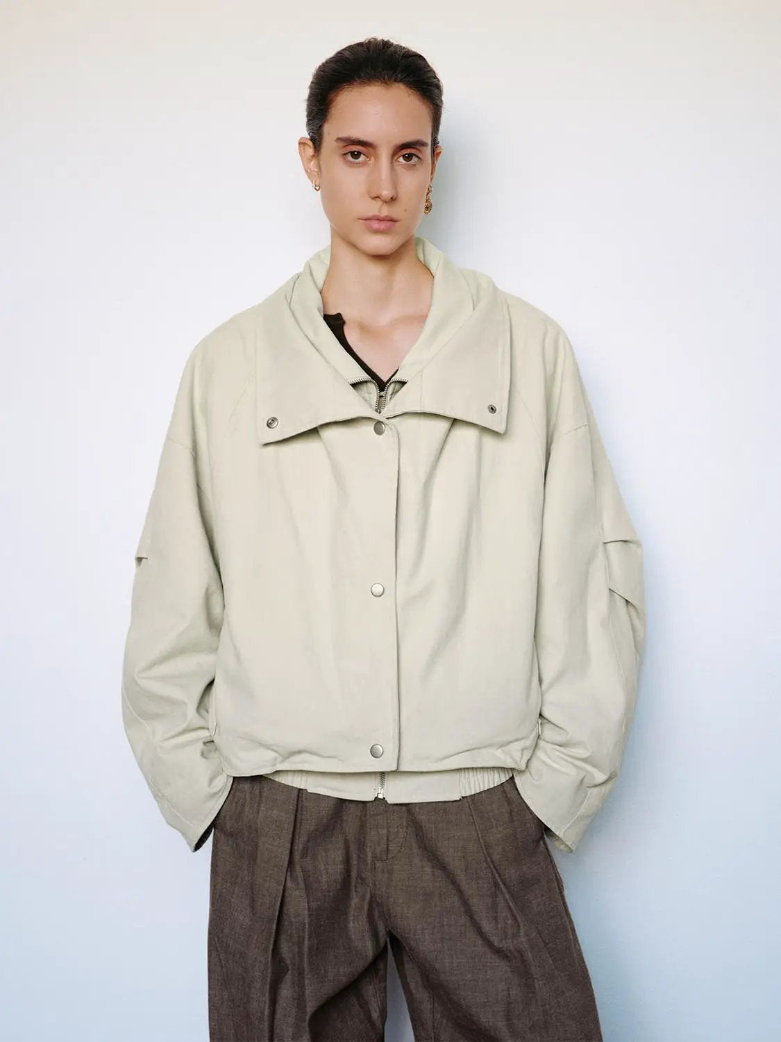 Zip Front Draped Collar Long Sleeve Cotton Jacket