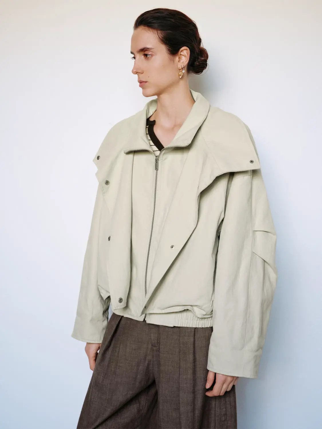 Zip Front Draped Collar Long Sleeve Cotton Jacket