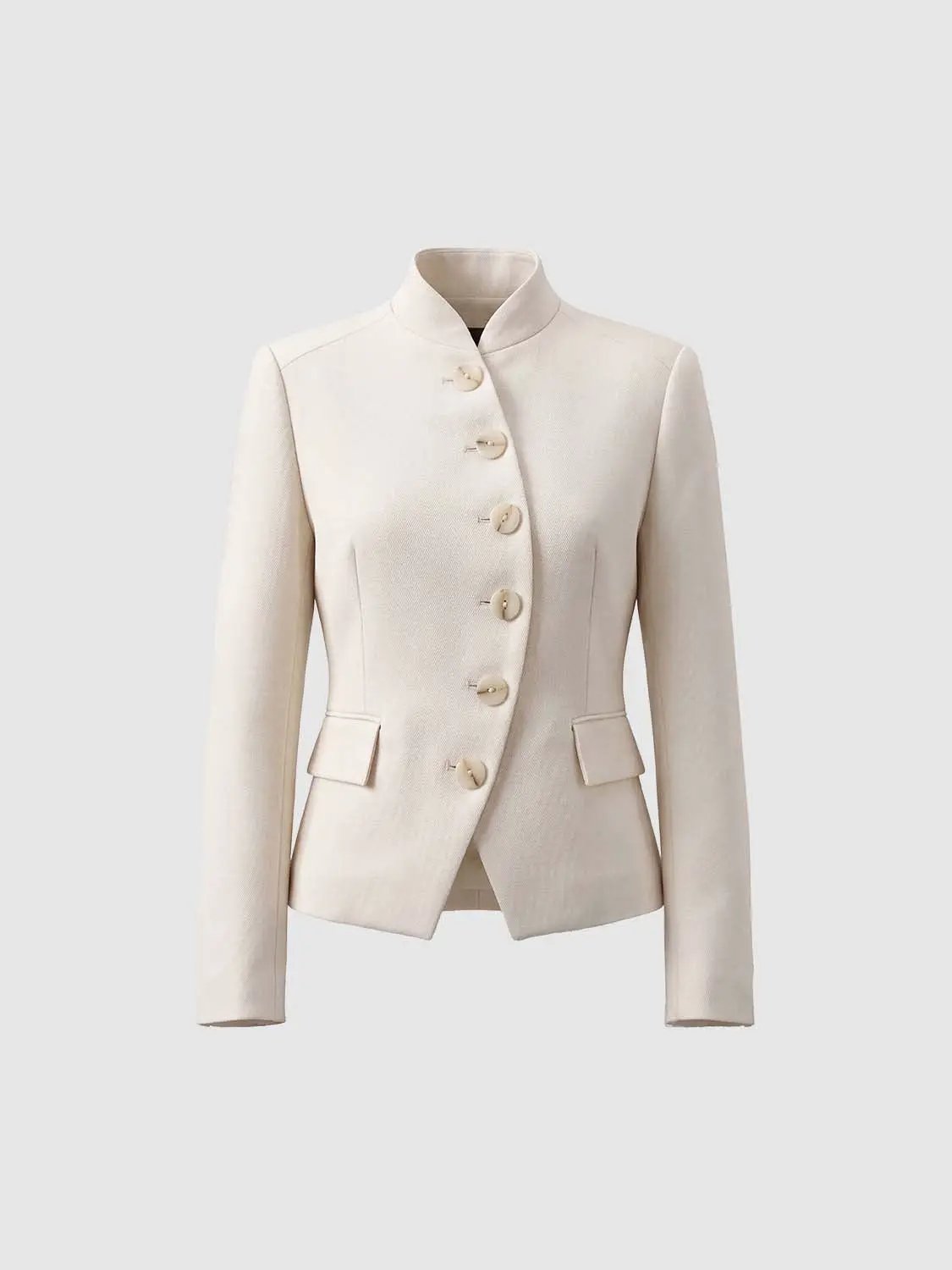 Button Front Tailored Mandarin Collar Long Sleeve Blazer