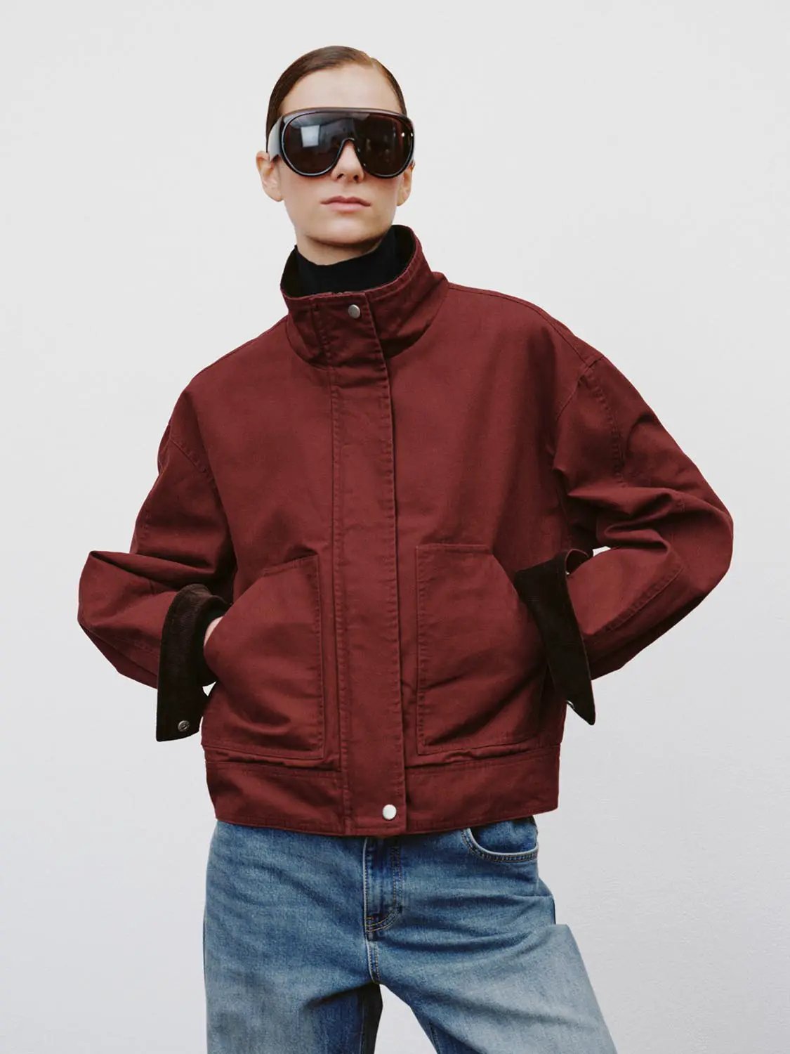 Stand Collar Patch Pocket Long Sleeve Cotton Jacket