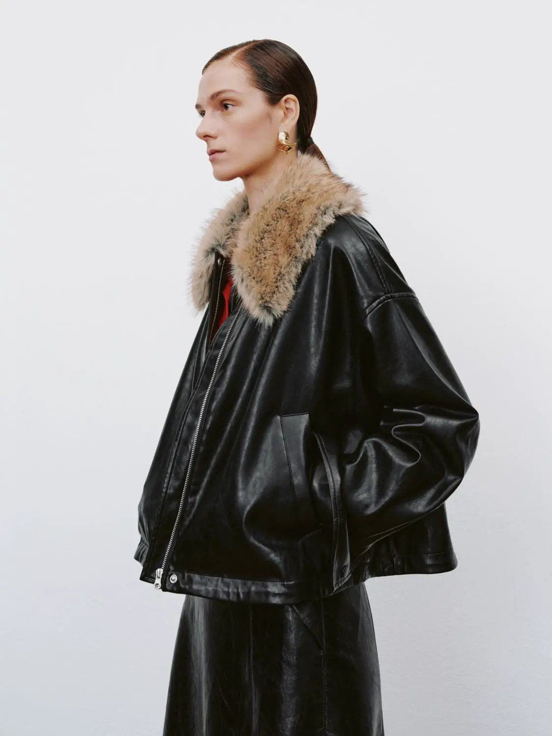 Long Sleeve Notched Collar Zipper Front Jacket