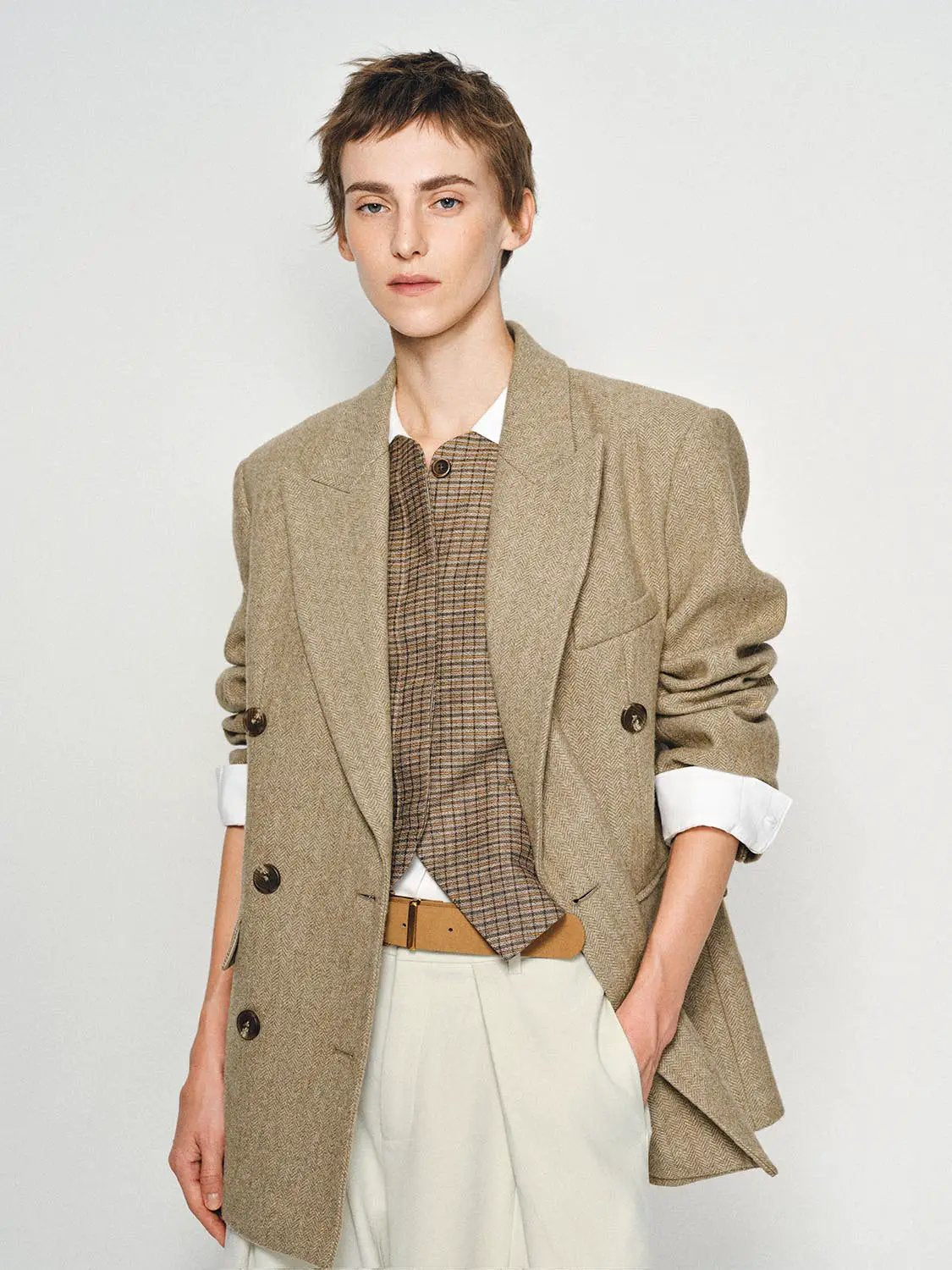 Double-breasted Herringbone Wool Blend Long Sleeve Blazer