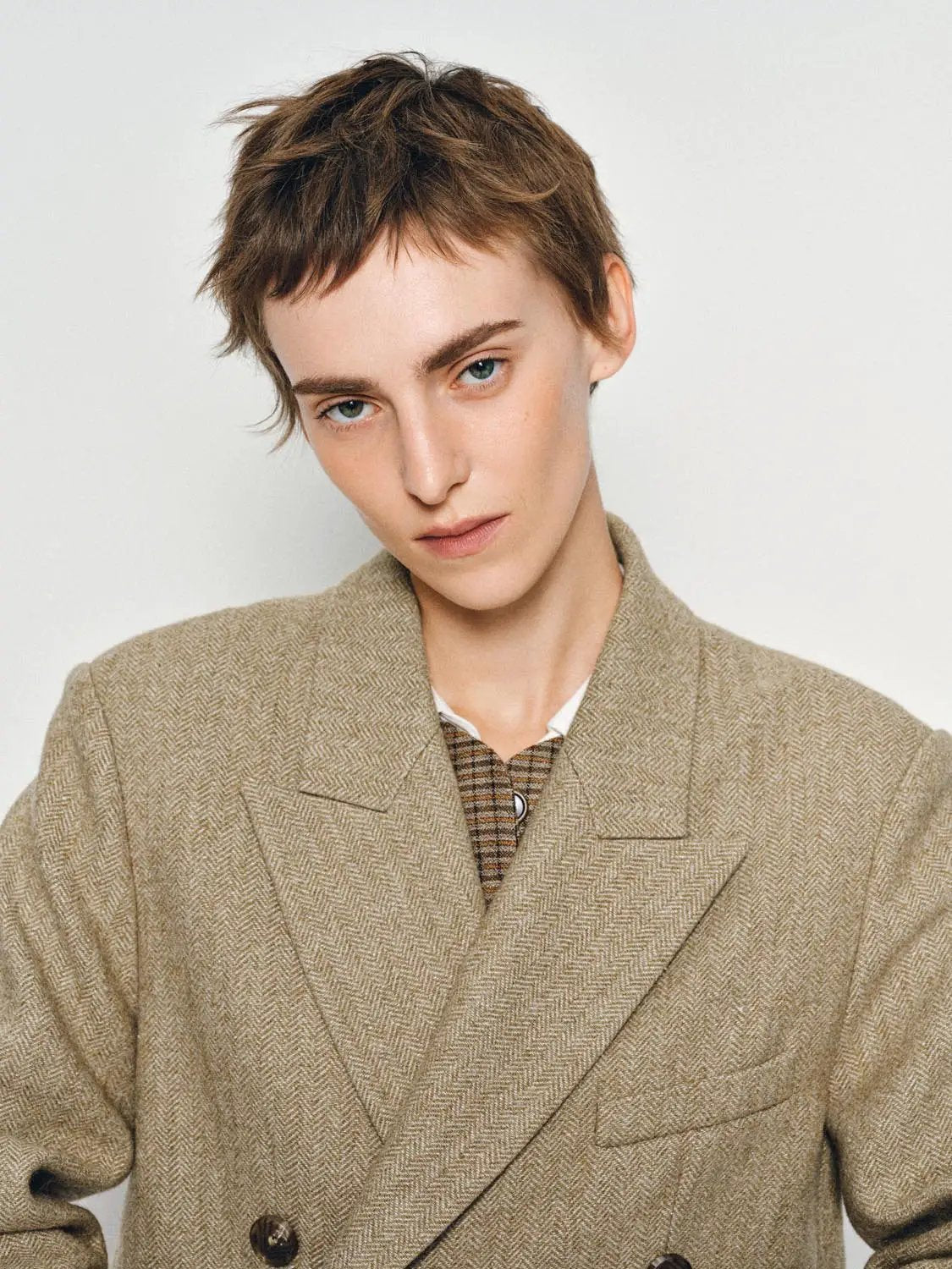 Double-breasted Herringbone Wool Blend Long Sleeve Blazer