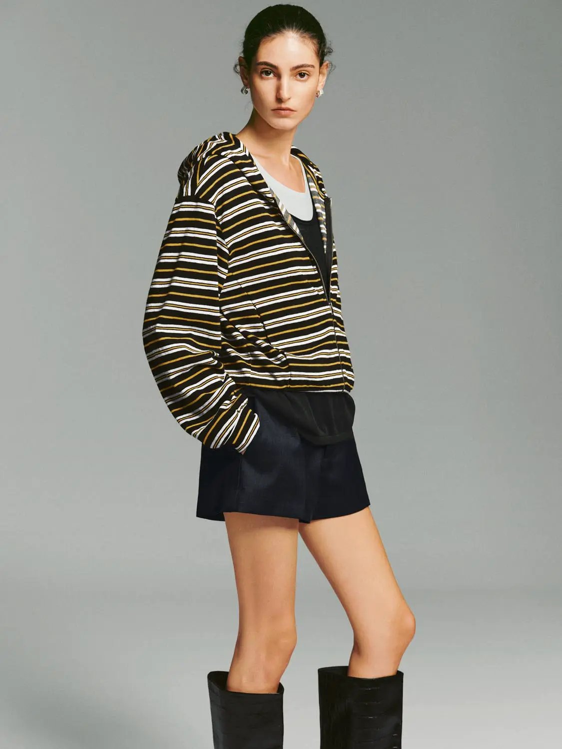 Zip Hooded Striped Long Sleeve Cotton Blend Jacket