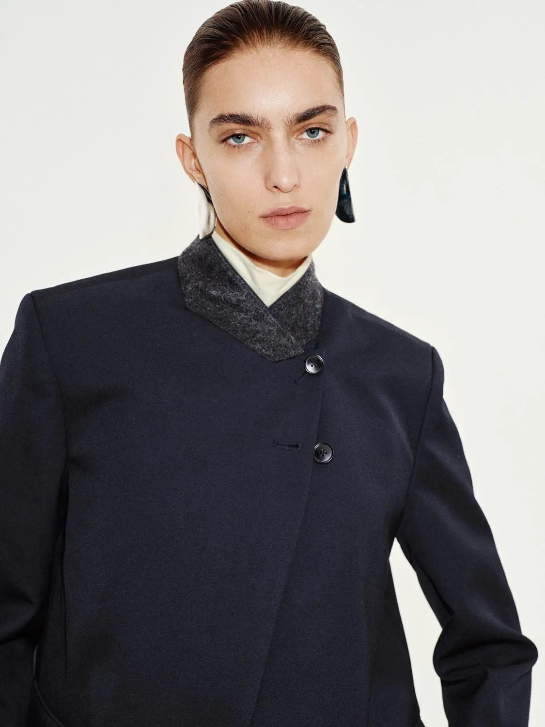 Tailored Asymmetric Long Sleeve Contrast Collar Jacket