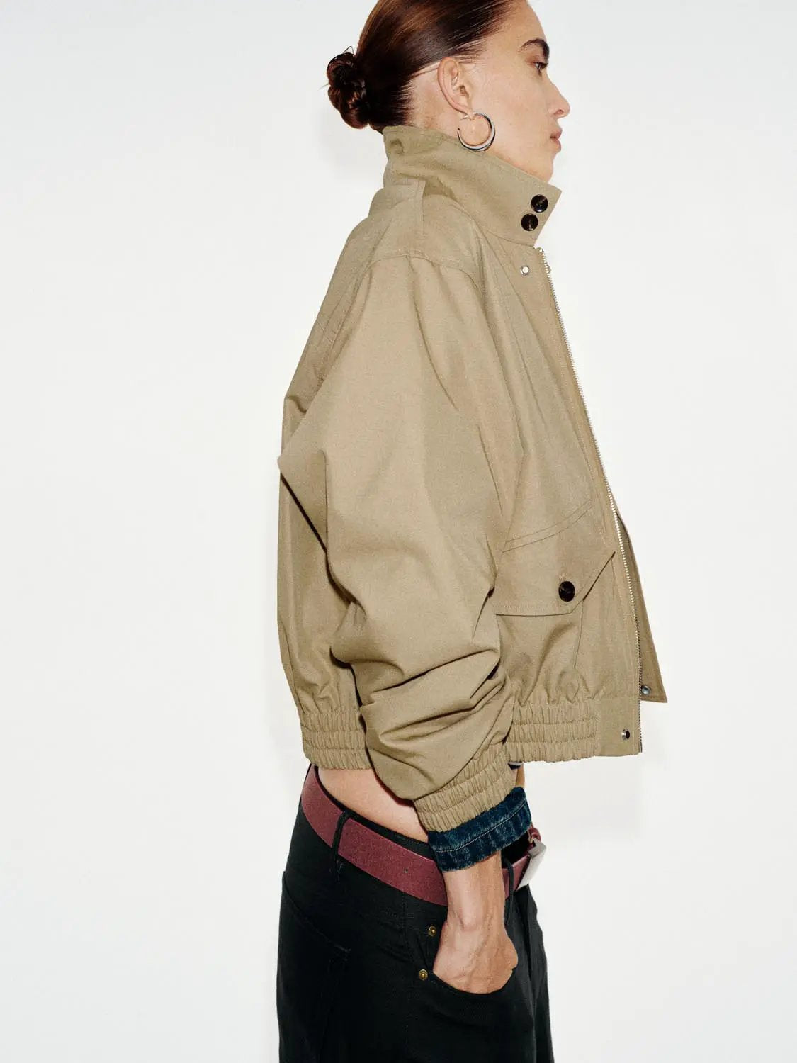 Flap Pocket Stand Collar Long Sleeve Cotton Blend Jacket