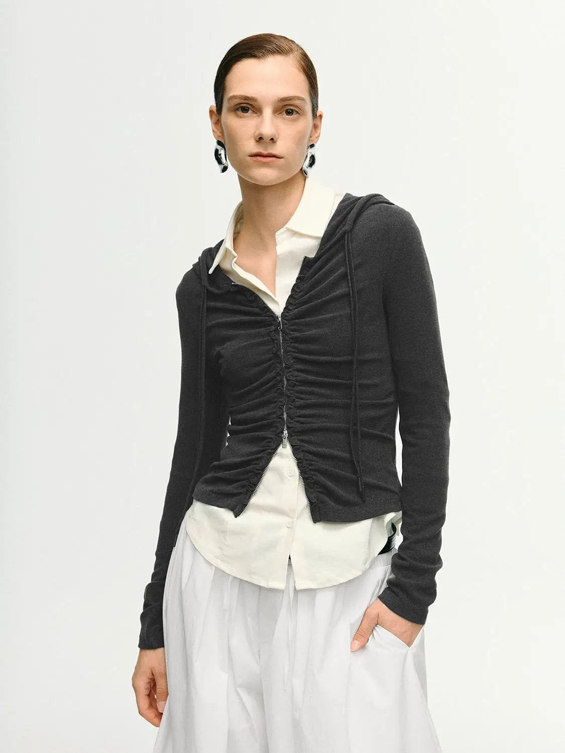 Ruched Fitted Front Zip Long Sleeve Hoodie