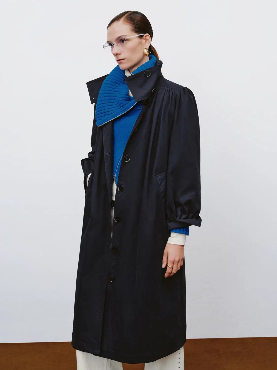 High Collar Long Sleeve Belted Cotton Trench Coat