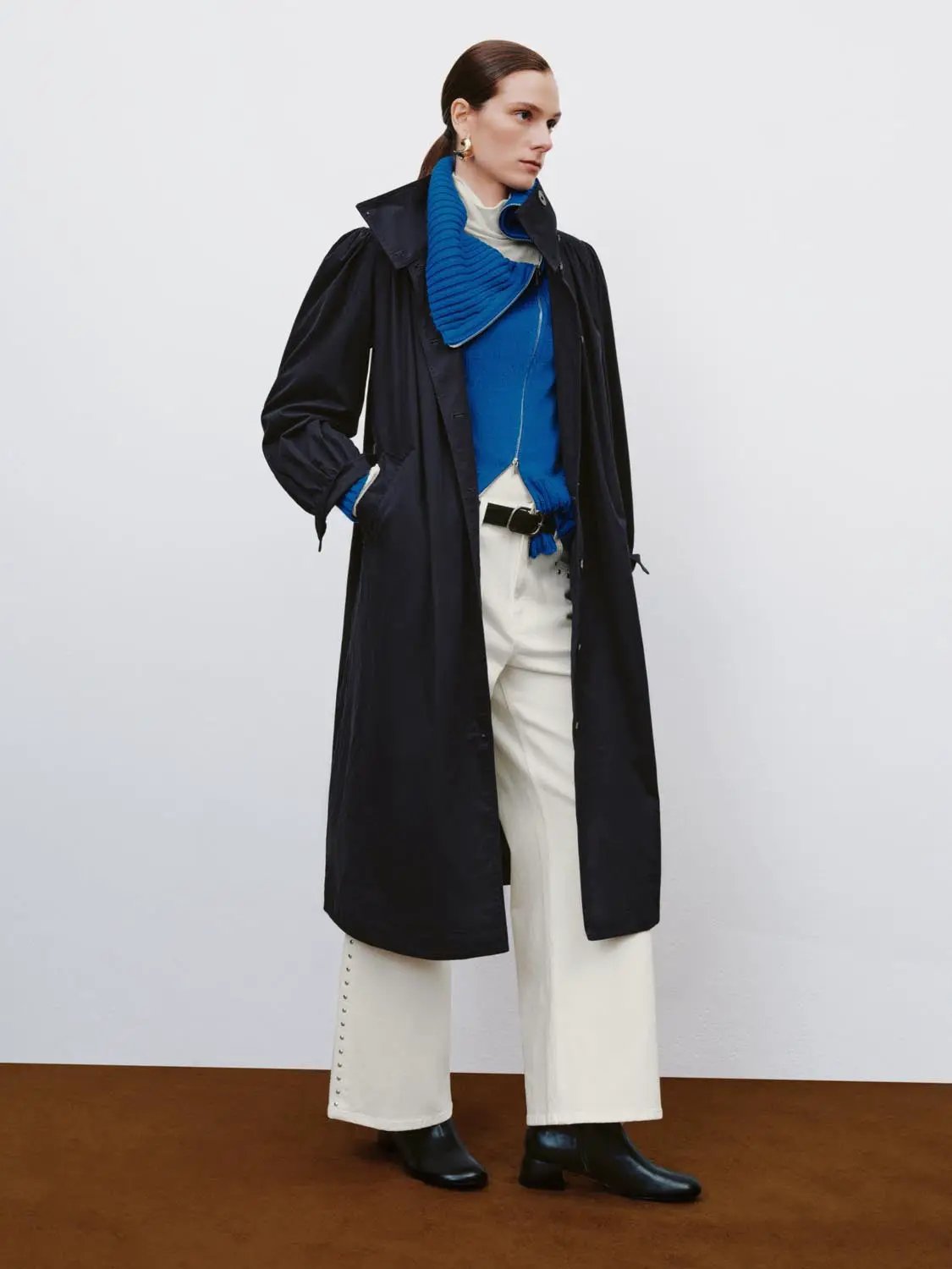 High Collar Long Sleeve Belted Cotton Trench Coat