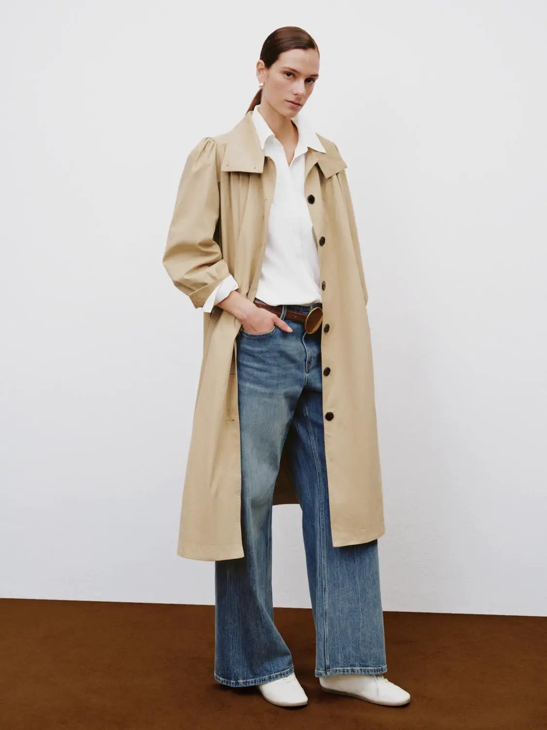 High Collar Long Sleeve Belted Cotton Trench Coat