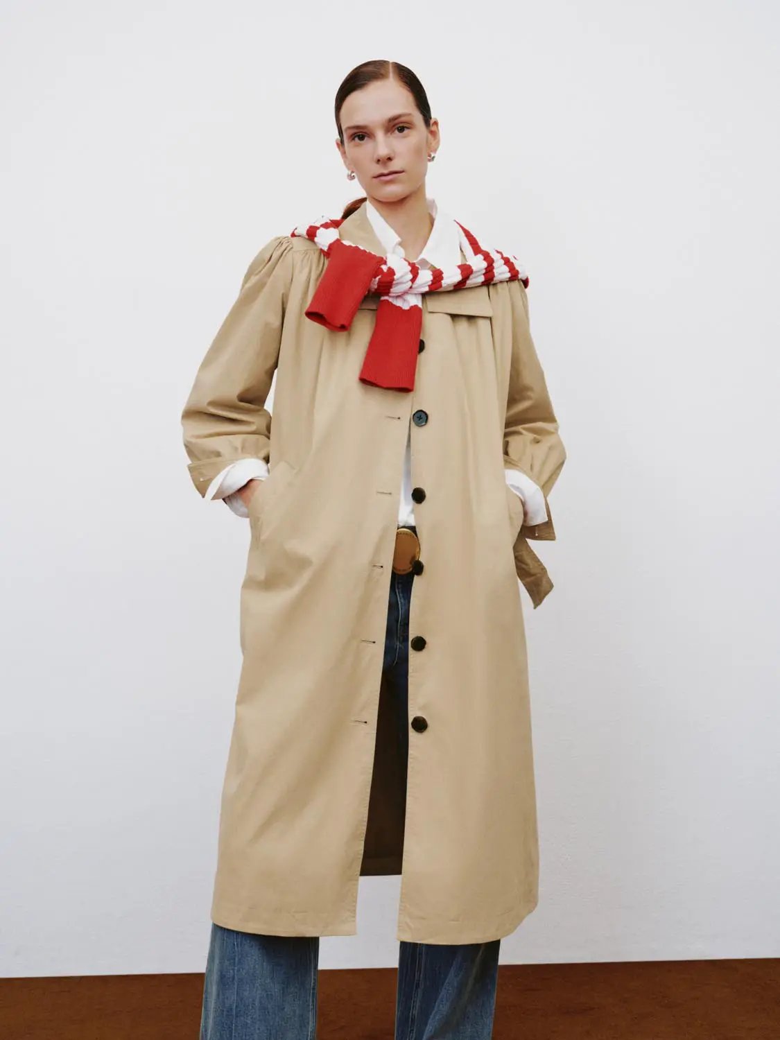 High Collar Long Sleeve Belted Cotton Trench Coat