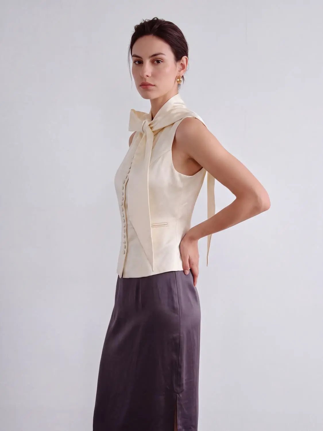 Tailored Bow Tie Button Front Sleeveless Vest