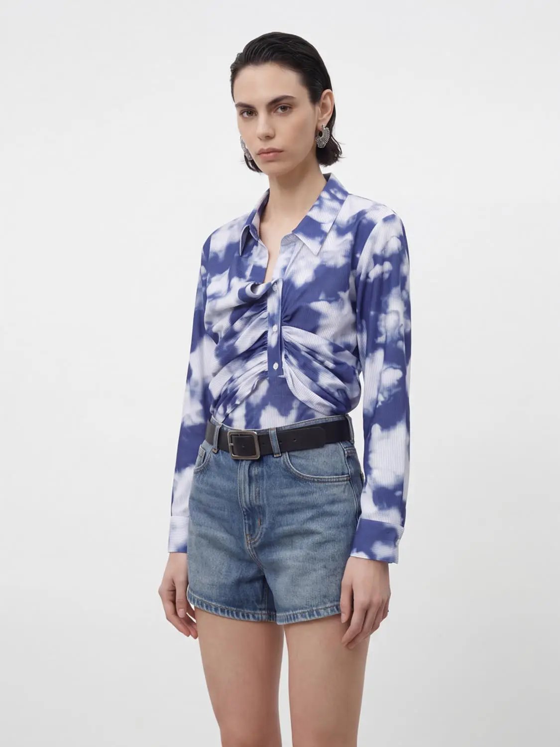 Point Collar Knot Front Lightweight Cotton-Blend Shirt