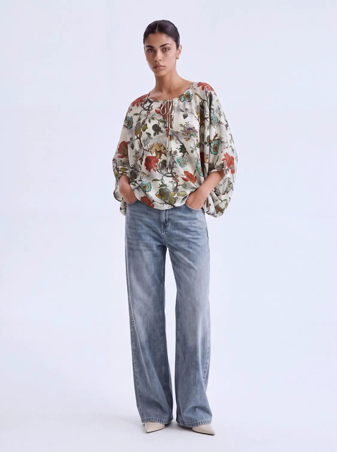 Tie Neck Twist Hem Floral Long Sleeve Relaxed Shirt