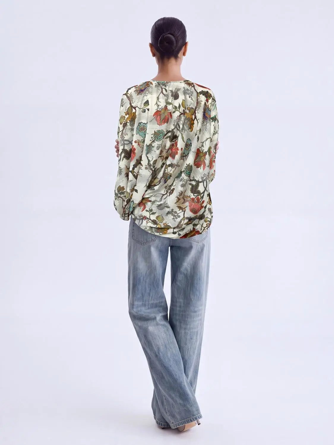 Tie Neck Twist Hem Floral Long Sleeve Relaxed Shirt
