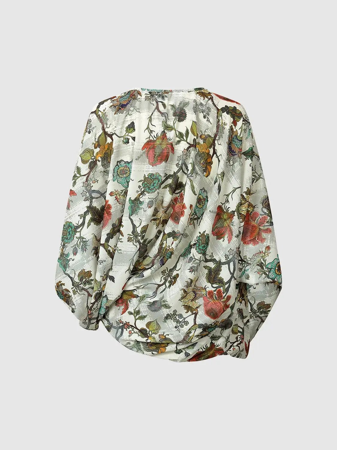 Tie Neck Twist Hem Floral Long Sleeve Relaxed Shirt