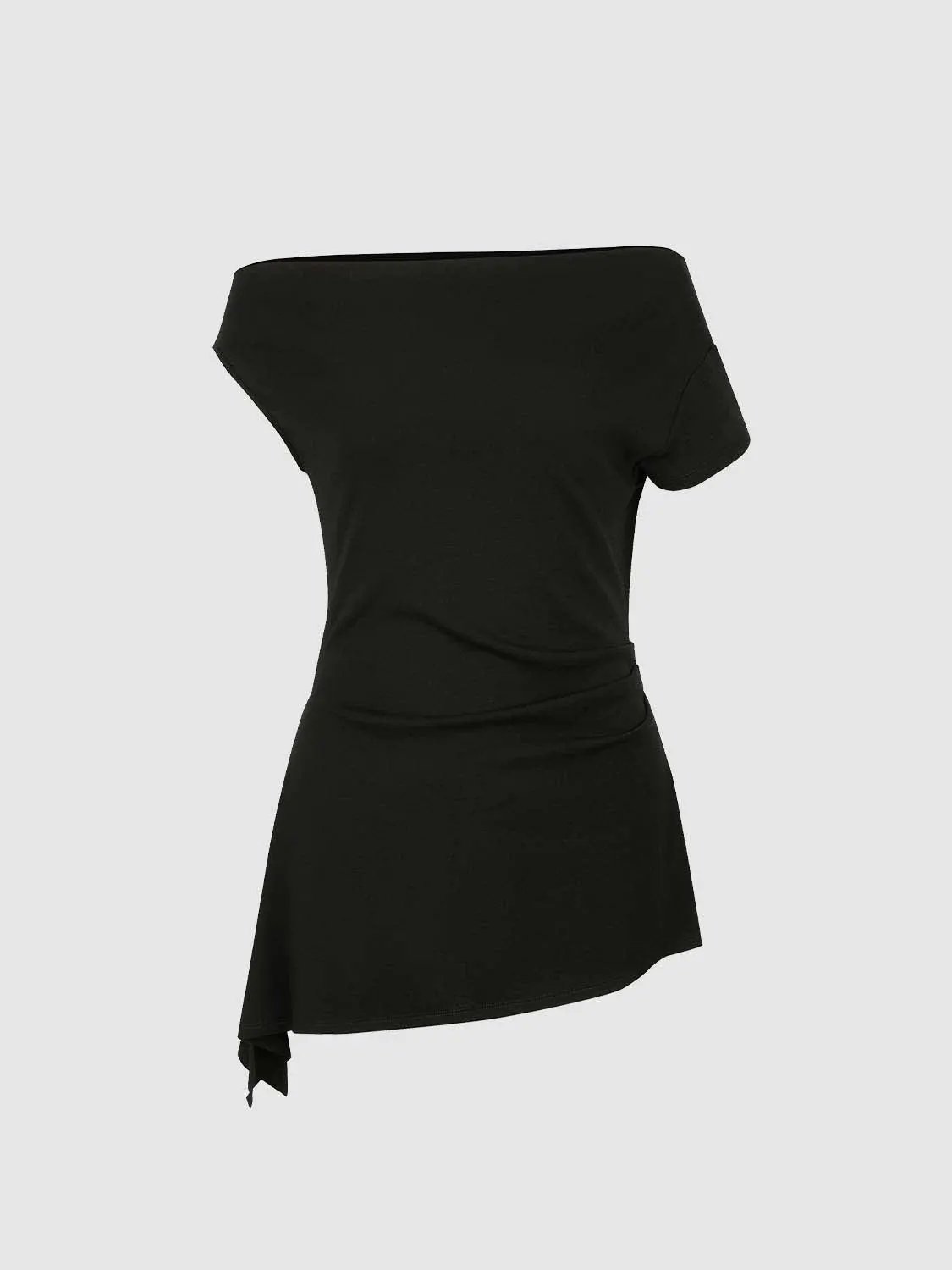 One Shoulder Asymmetric Neck Ruched Knit Slim Fit Top