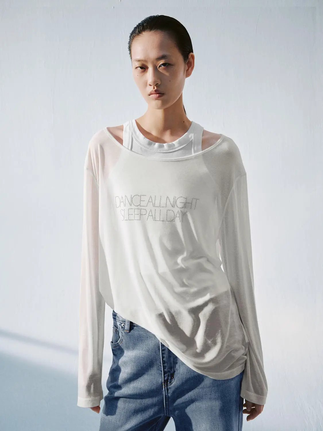 Layered Shoulder Long Sleeve Printed Cotton T-Shirt