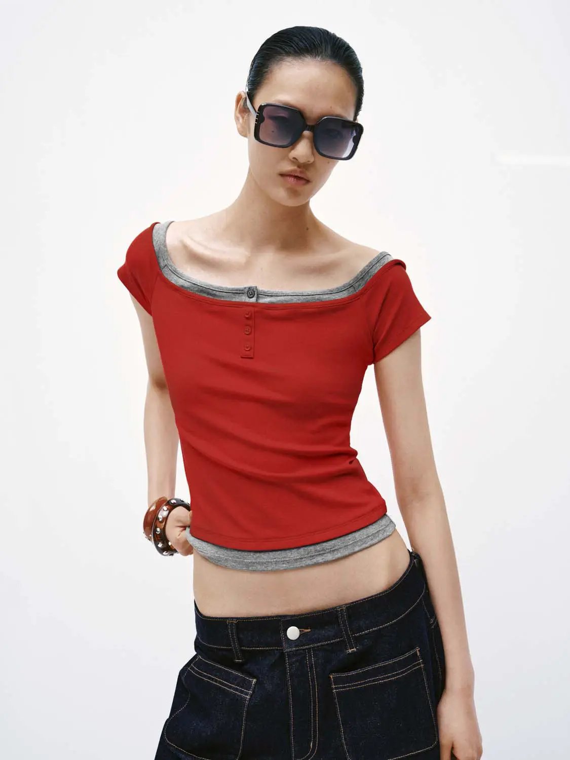 2-In-1 Contrast Boat Neck Fit Cotton T-Shirt