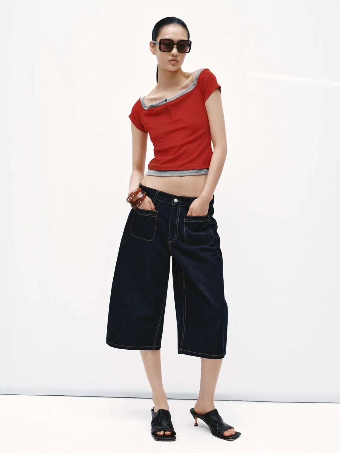 2-In-1 Contrast Boat Neck Fit Cotton T-Shirt