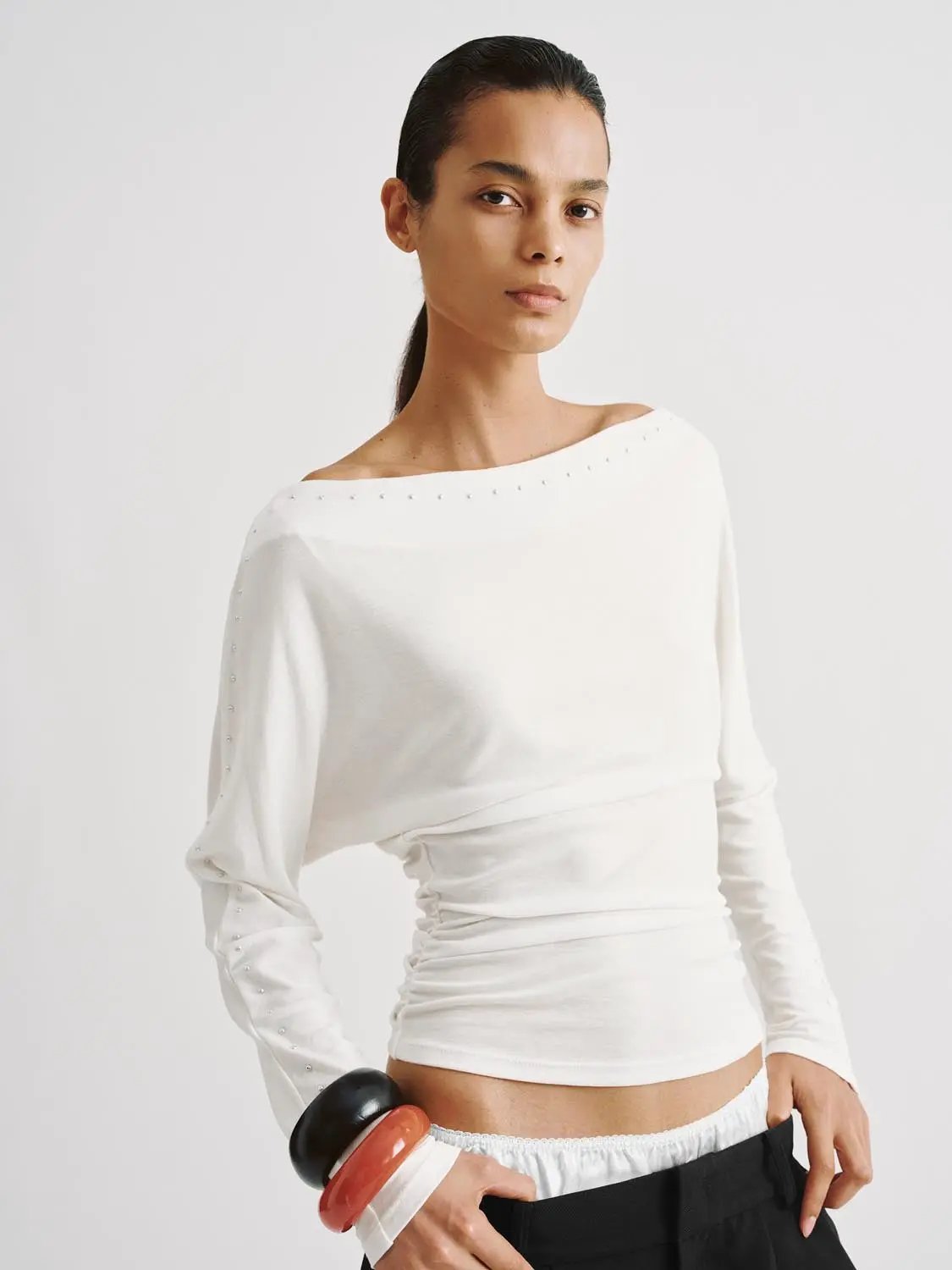 Beaded Boat-neck Long Sleeve Lyocell T-shirt