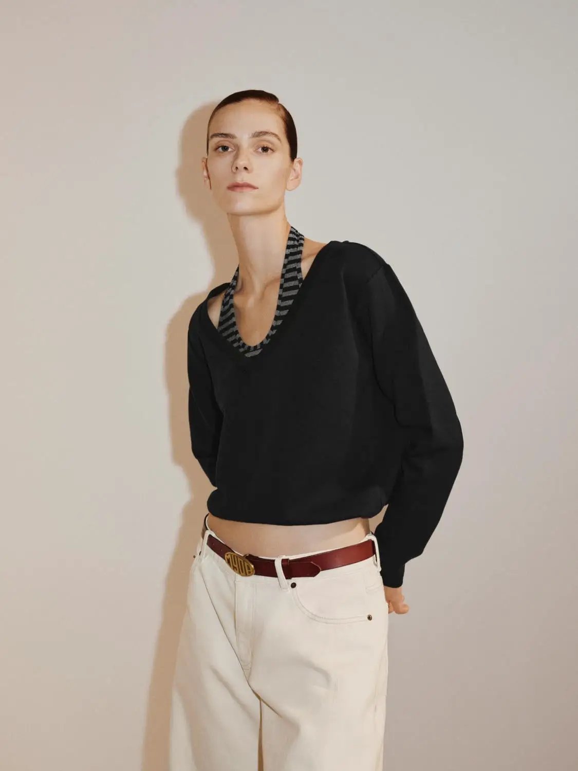 Cropped Long Sleeve Striped V-Neck Cotton Blend T-Shirt