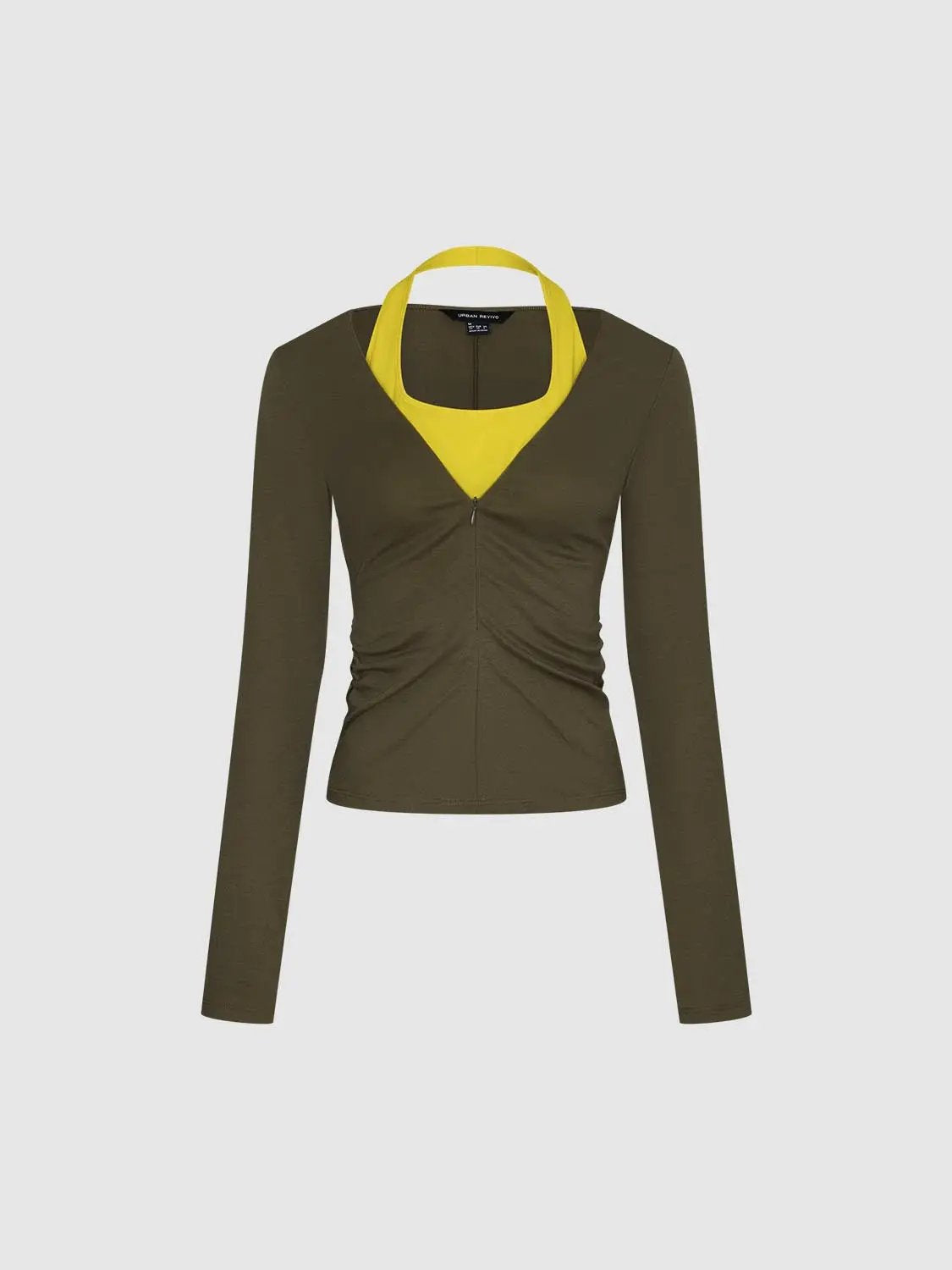 Ruched Contrast V-neck Front Zip Long Sleeve T-Shirt