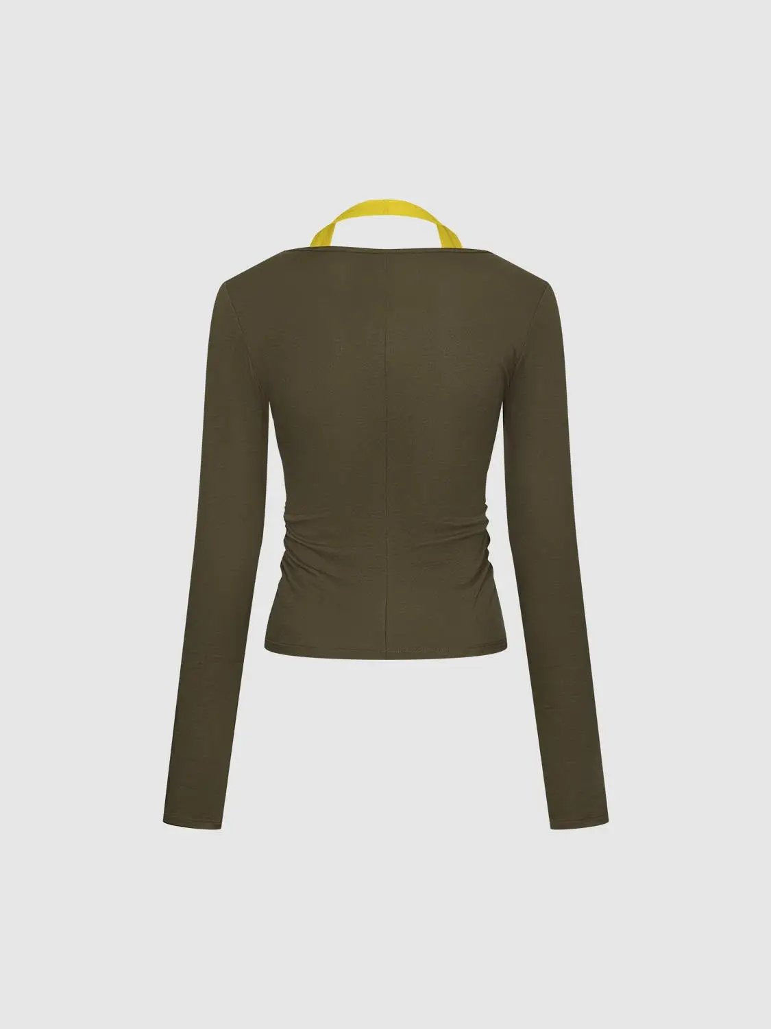 Ruched Contrast V-neck Front Zip Long Sleeve T-Shirt