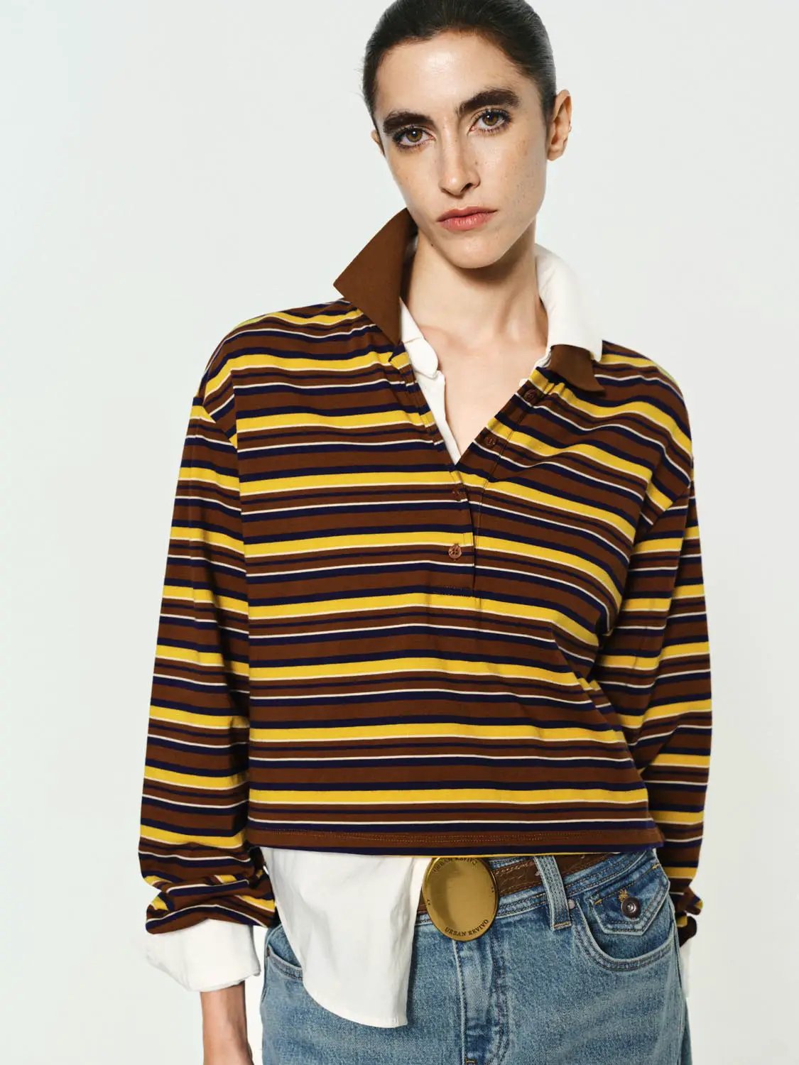 Striped Cotton Long Sleeve Polo Collar T-Shirt
