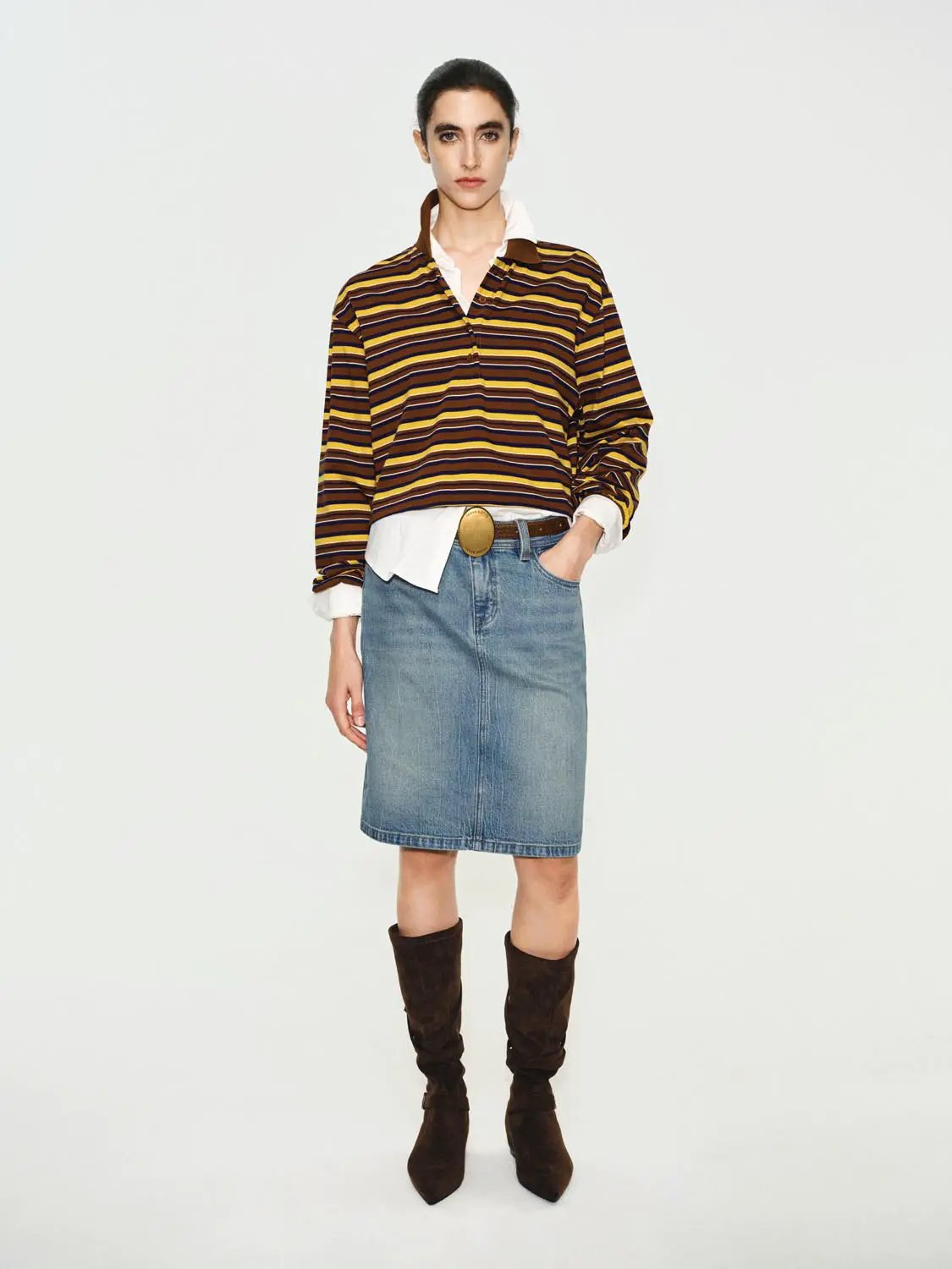 Striped Cotton Long Sleeve Polo Collar T-Shirt