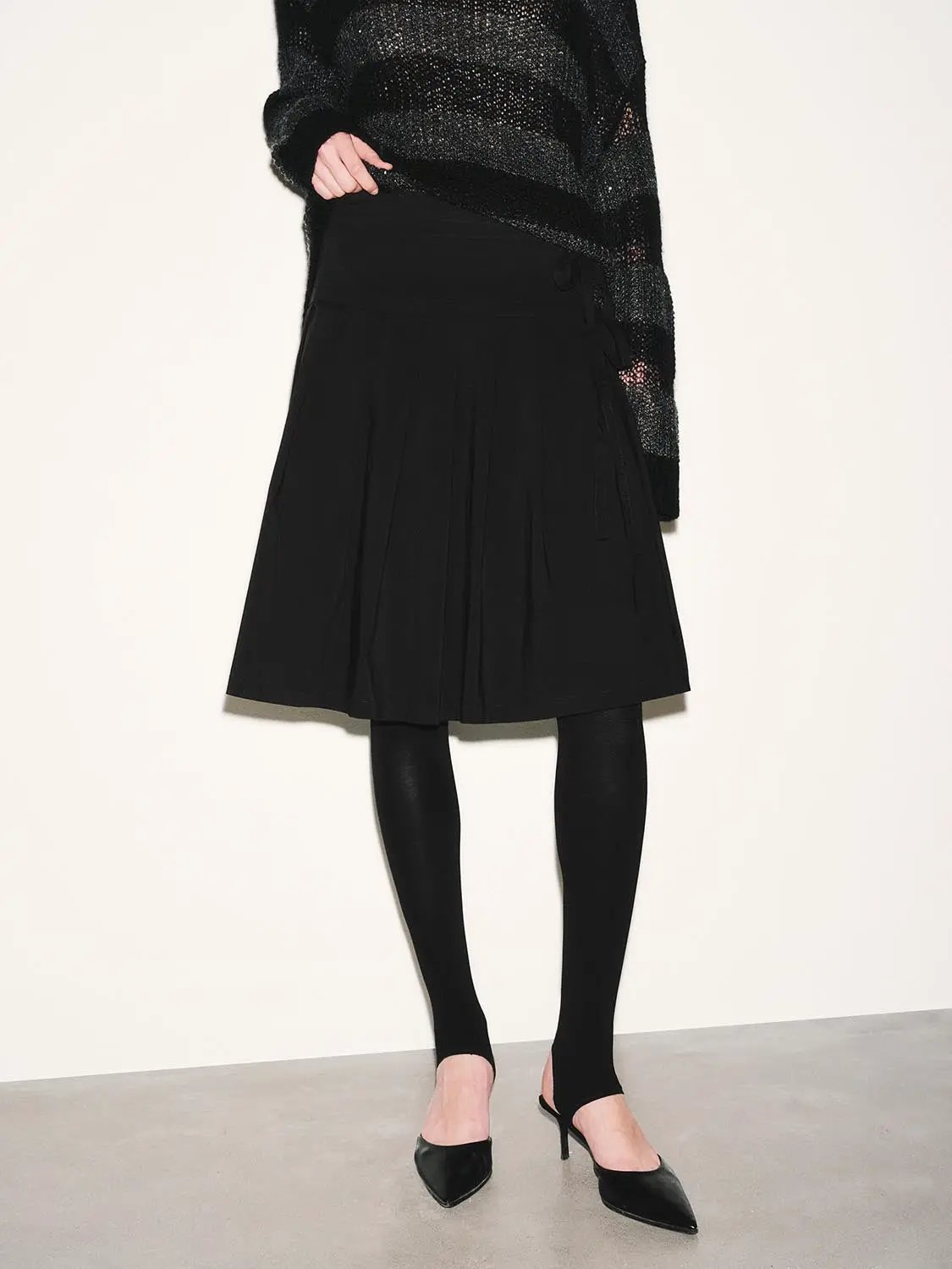 High-Waist Pleated A-Line Cotton Midi Skirt