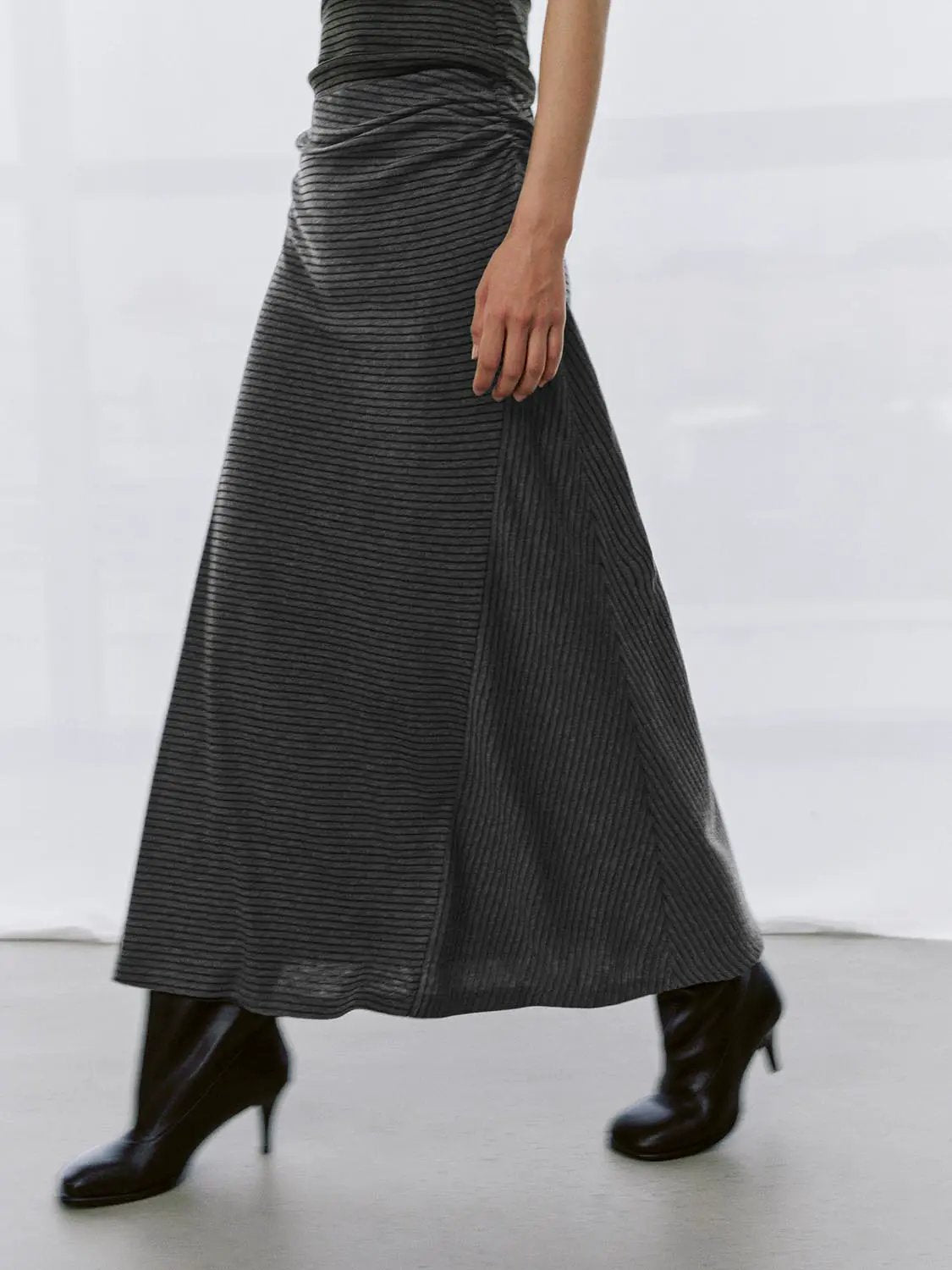 Striped Ruched Waist Asymmetric Hem Soft Maxi Skirt