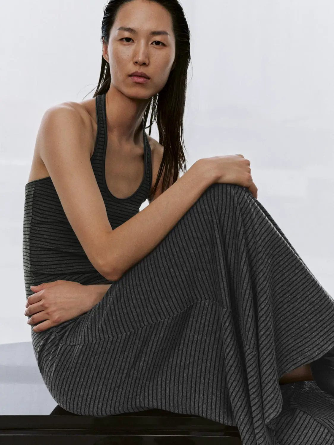Striped Ruched Waist Asymmetric Hem Soft Maxi Skirt