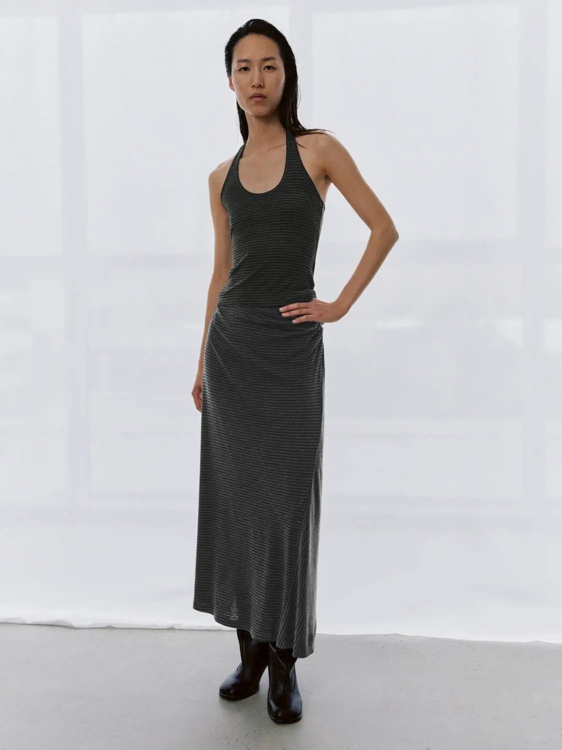 Striped Ruched Waist Asymmetric Hem Soft Maxi Skirt