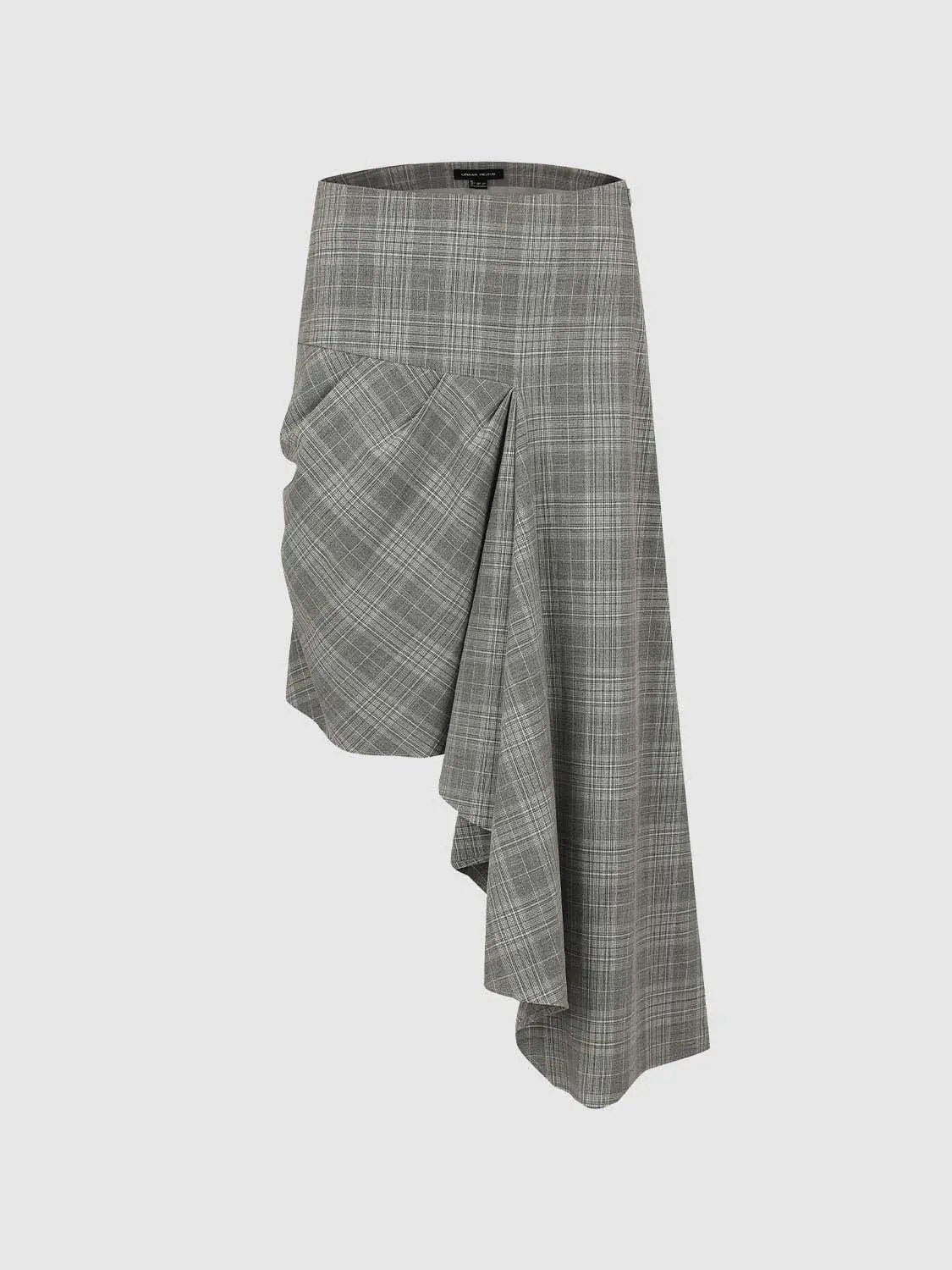 Plaid High Waist Ruched Draped Asymmetric Midi Skirt