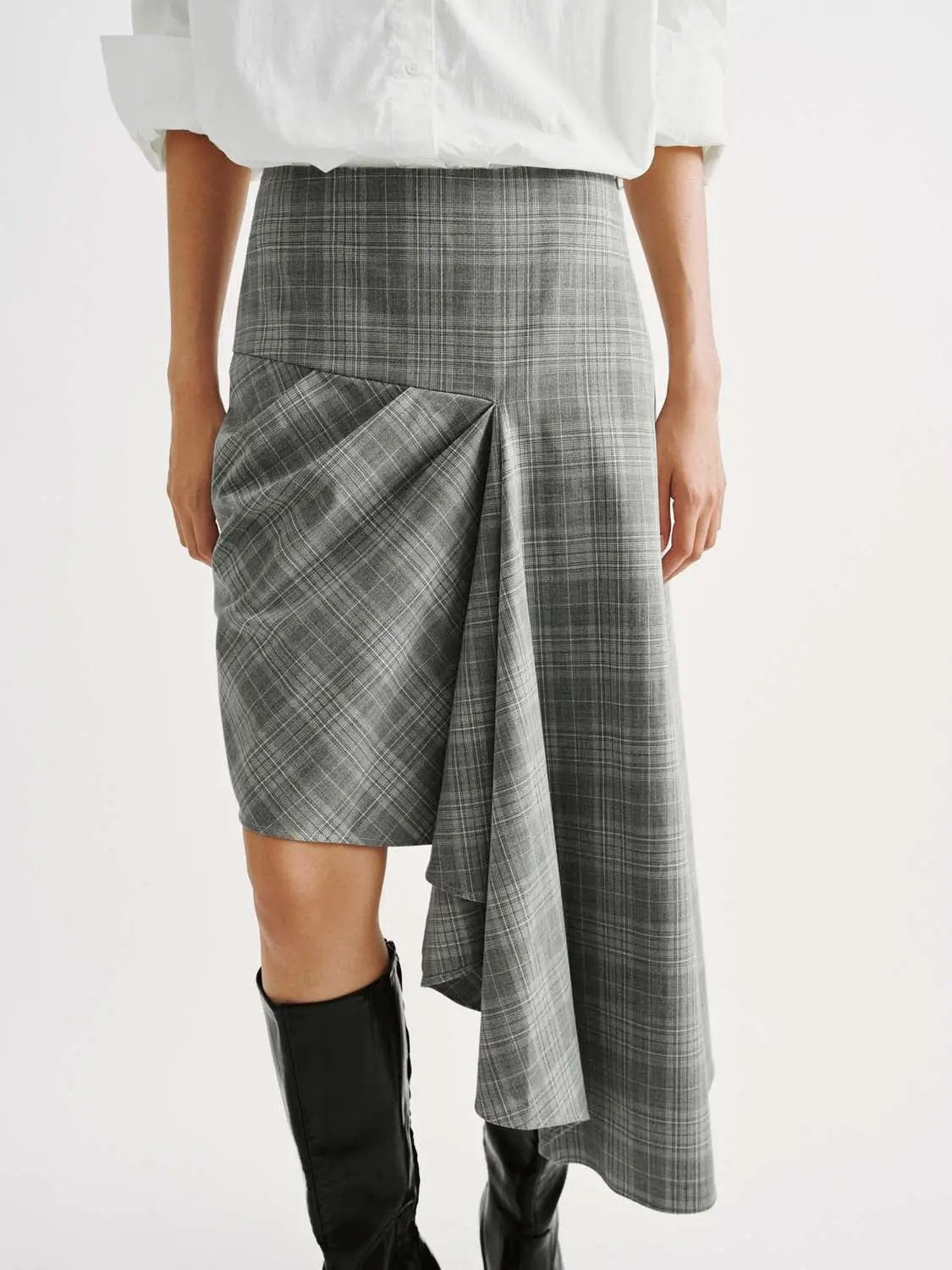 Plaid High Waist Ruched Draped Asymmetric Midi Skirt