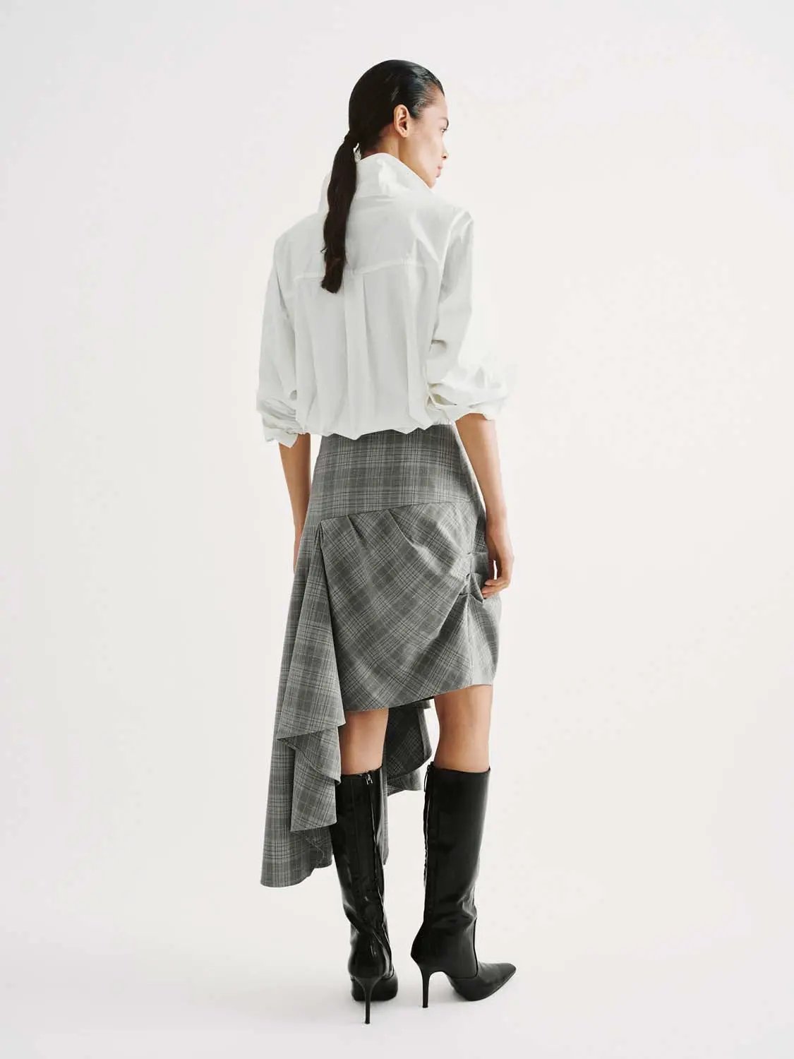 Plaid High Waist Ruched Draped Asymmetric Midi Skirt