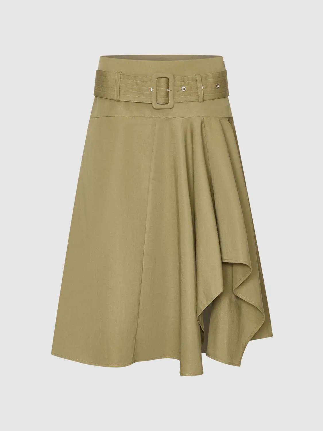 Belted Mid-rise Asymmetric A-Line Cotton Blend Skirt
