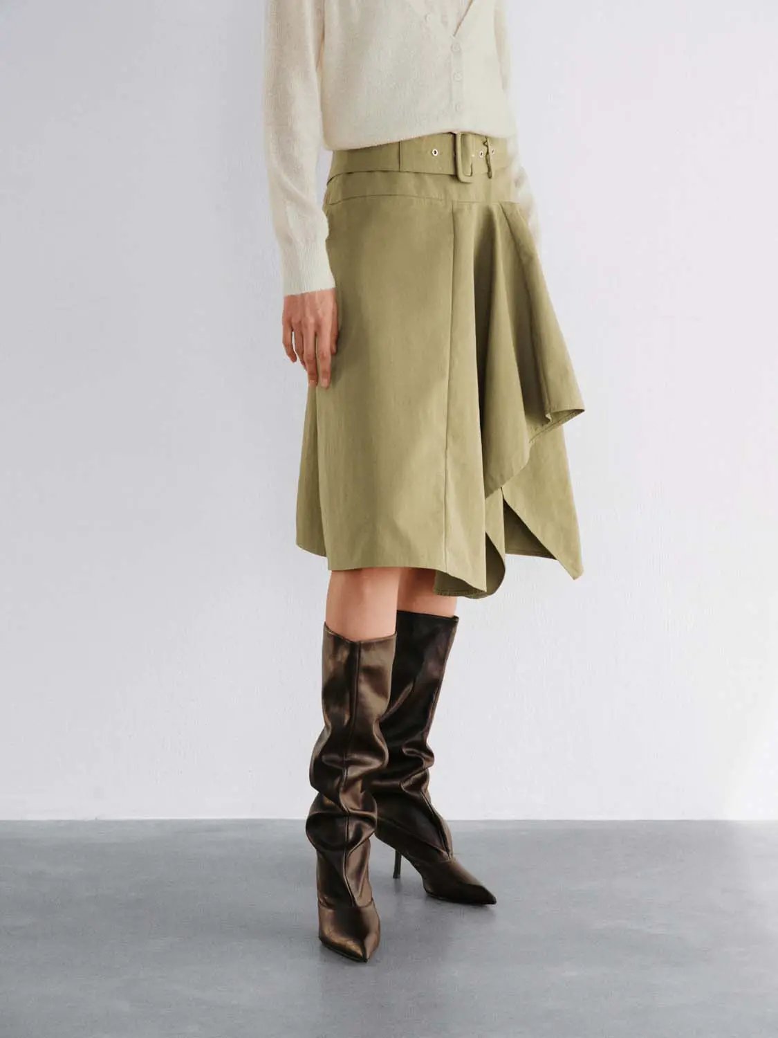 Belted Mid-rise Asymmetric A-Line Cotton Blend Skirt