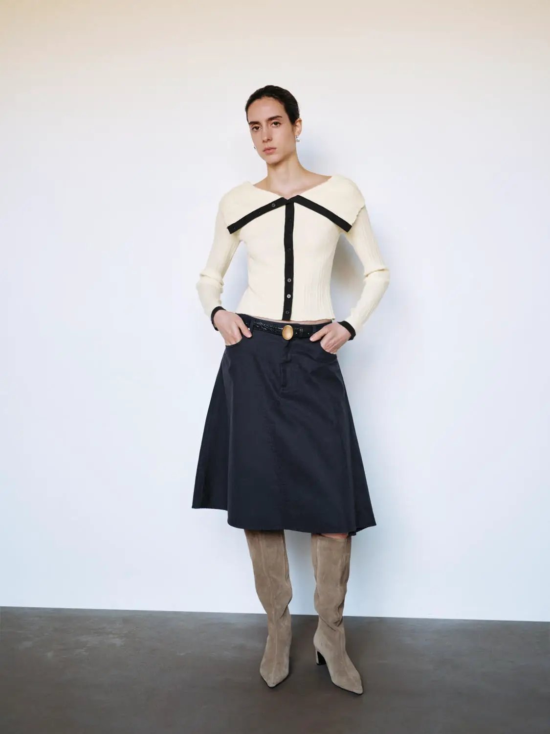 Asymmetric High-waisted A-Line Cotton Skirt With Belt