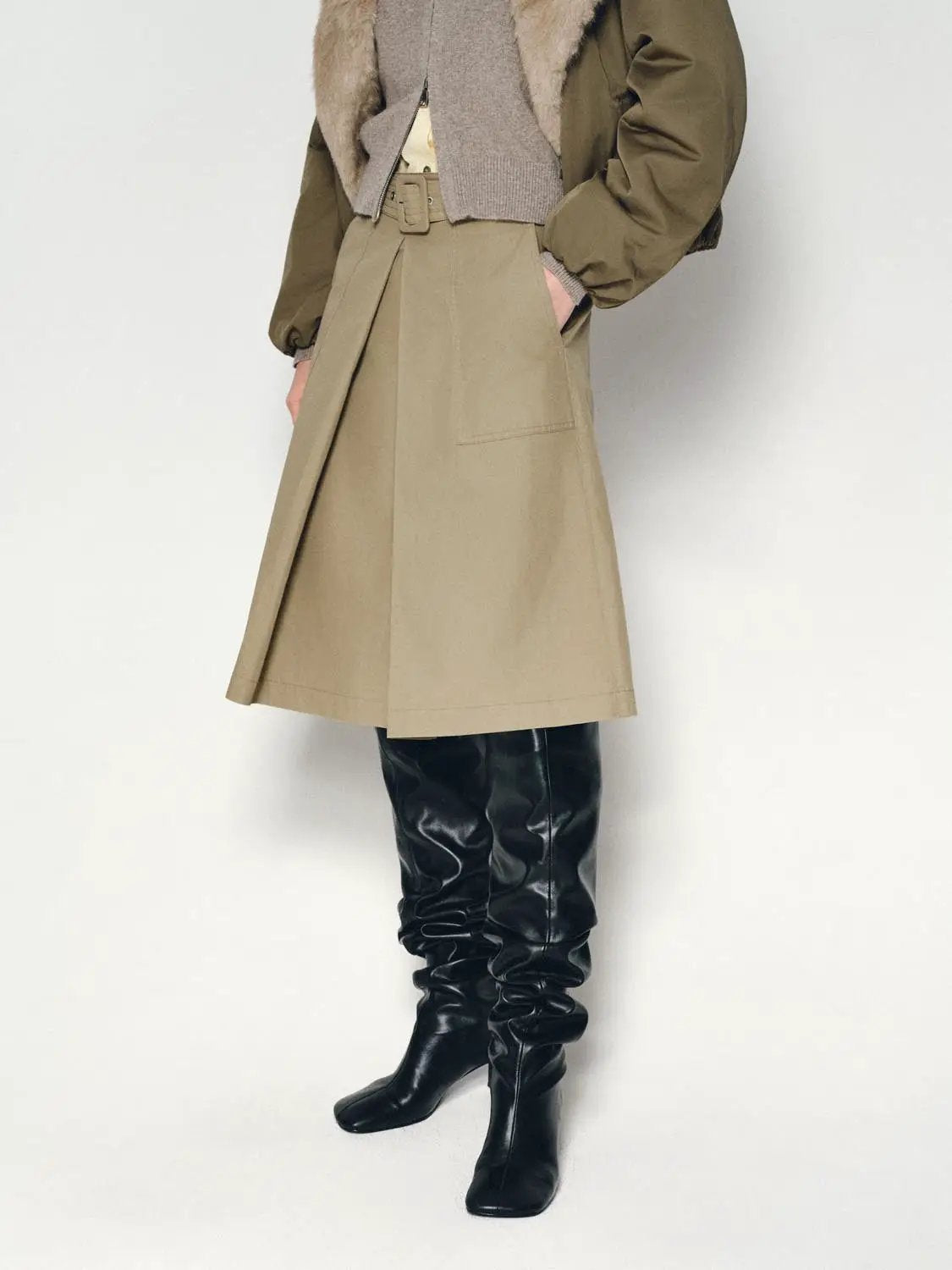 Pleated Mid-rise Belted A-line Midi Skirt