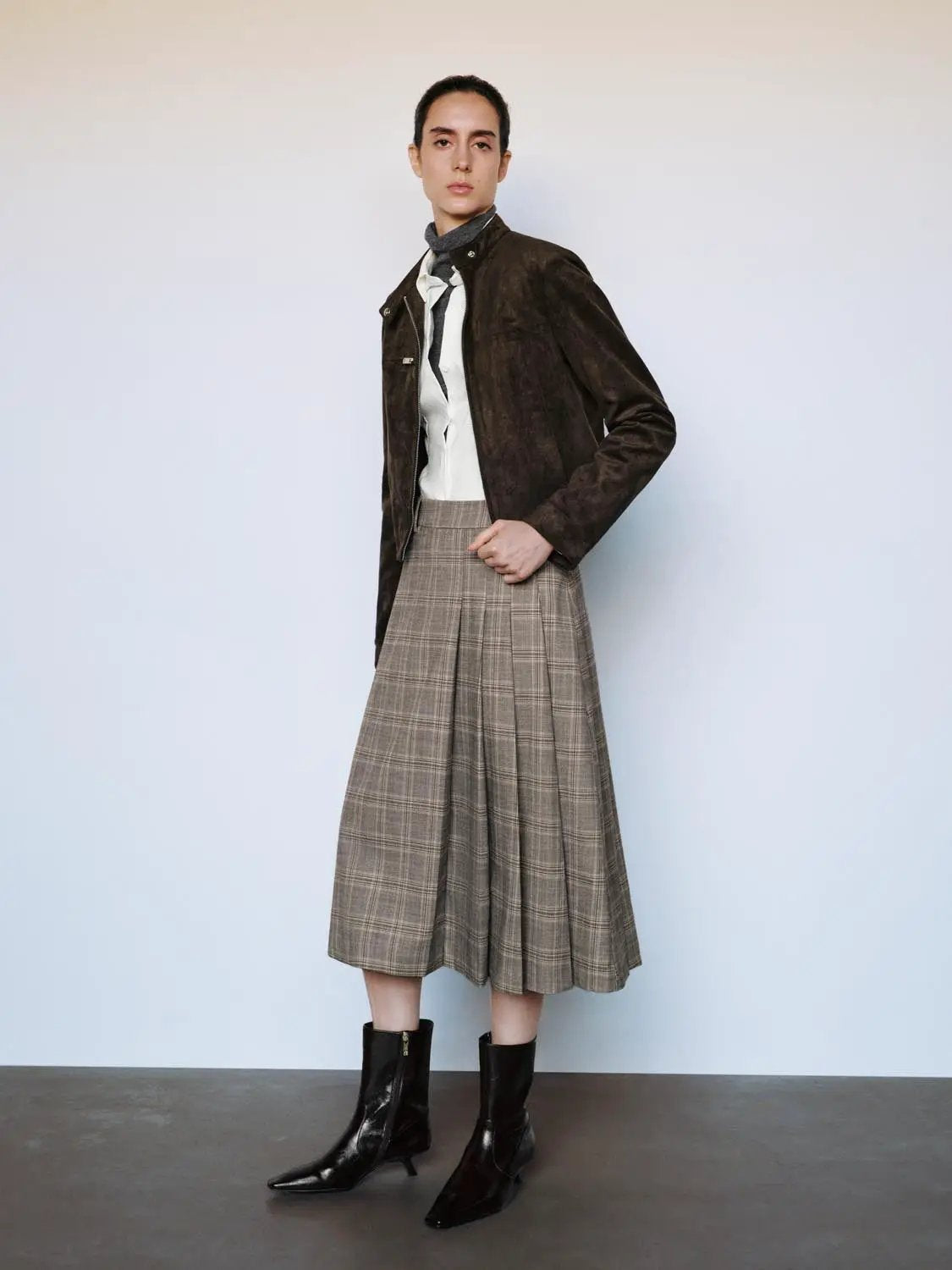 Pleated Checked A-line Mid-rise Midi Skirt