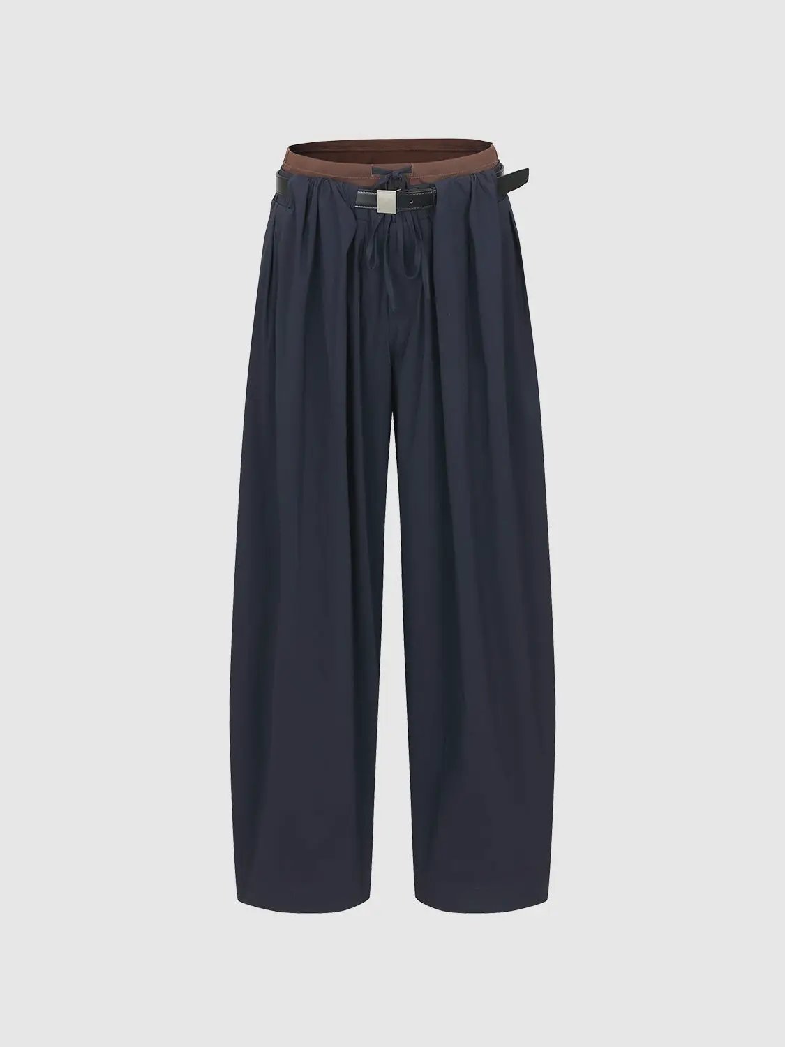 Drawstring Waist Buckle Belt Barrel Leg Cotton Pants