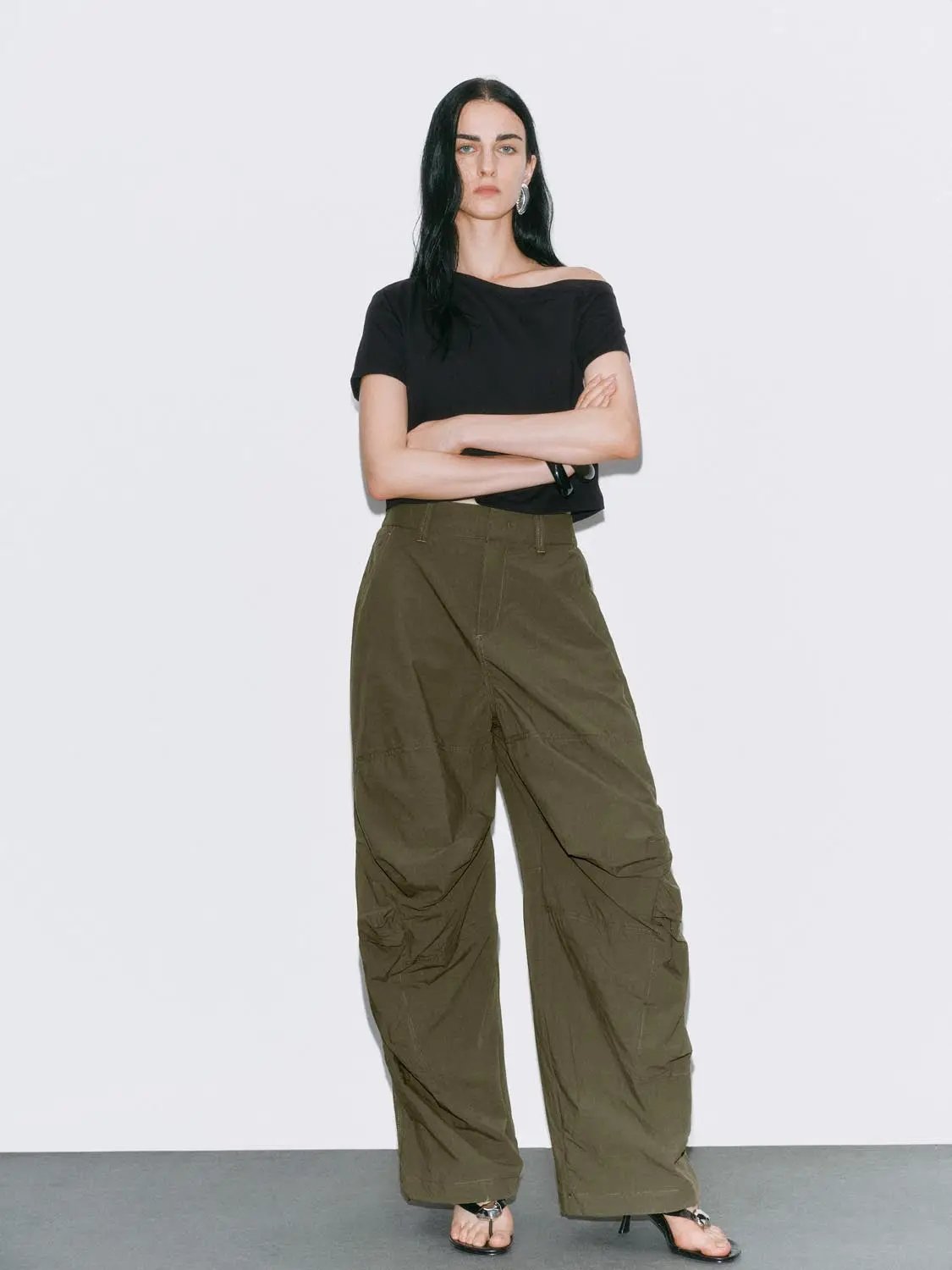High Waist Knee Seam Gathered Wide Leg Cotton Pants