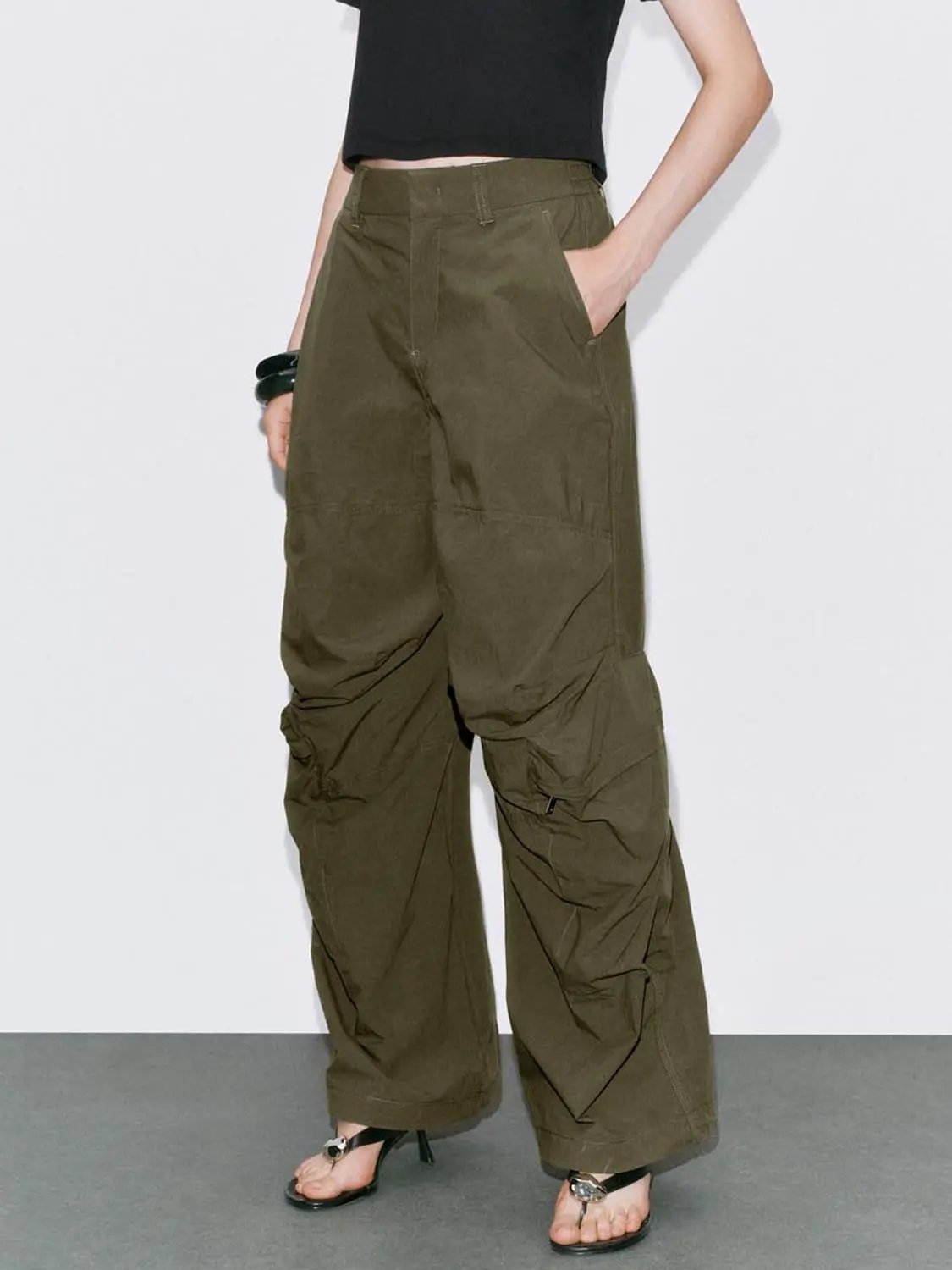 High Waist Knee Seam Gathered Wide Leg Cotton Pants
