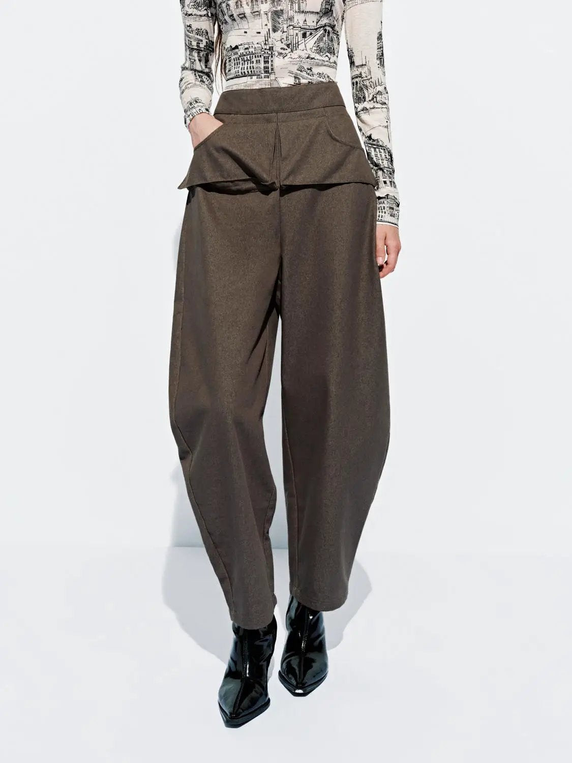 Layered Overlay Draped Waist Wide Leg Cotton Trousers