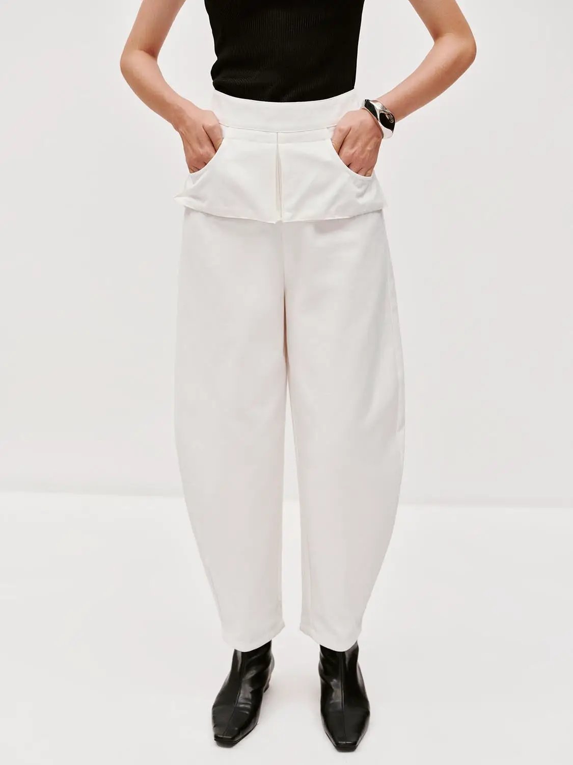 Layered Overlay Draped Waist Wide Leg Cotton Trousers